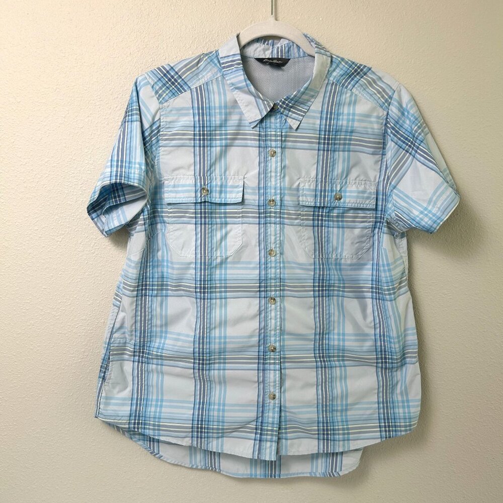 Eddie Bauer Button Front Top Womens Size L Blue Plaid Short Sleeve Outdoor Nylon